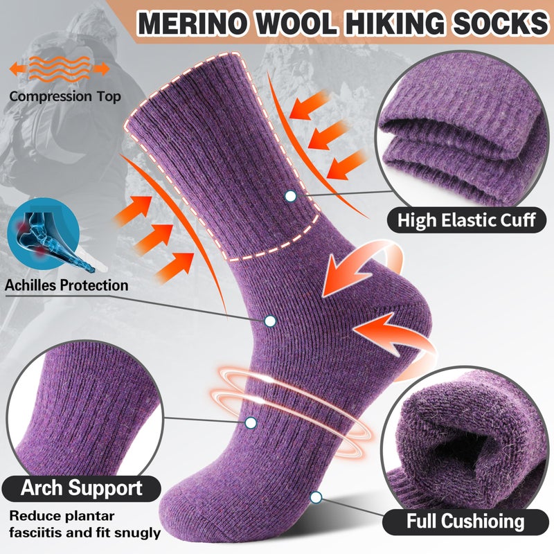 Sandsuced Merino Wool Socks for Women Hiking Warm Winter Thick Boot Thermal Cozy Crew Work Soft Ladies Socks Gift 5 Pack Stocking Stuffersï¼ˆ Purple/Blue/Black/Grey/Dull Greyï¼‰ - Image 2